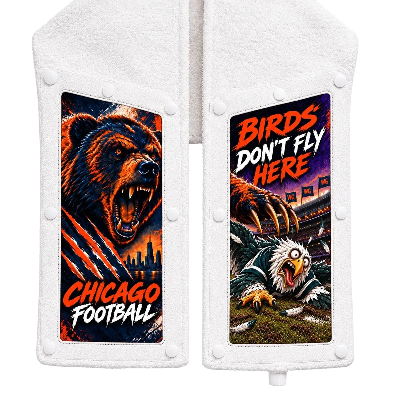 Chicago vs Philadelphia Skins: a bear on one end and BIRDS DON'T FLY HERE on the other