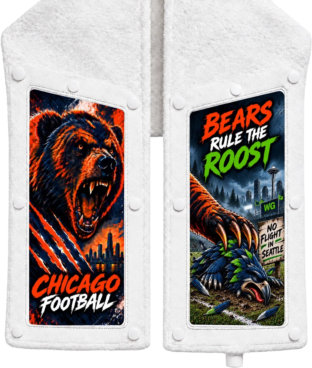 Chicago vs Seattle Skins: a bear with CHICAGO FOOTBALL on one end and BEARS RULE THE ROOST on the other