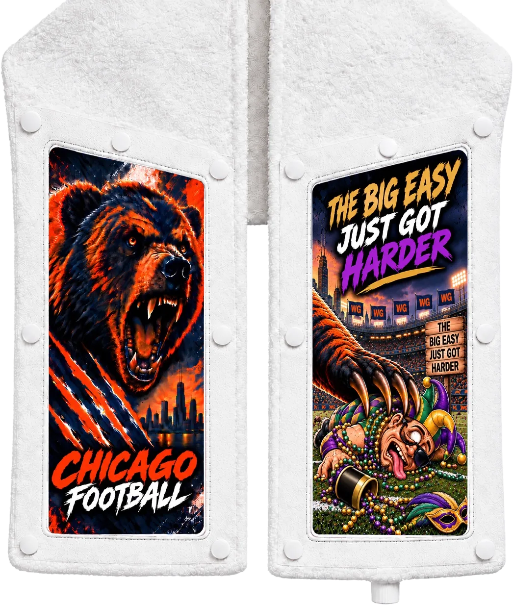 Chicago vs New Orleans Skins: a bear with CHICAGO FOOTBALL on one end and THE BIG EASY JUST GOT HARDER on the other