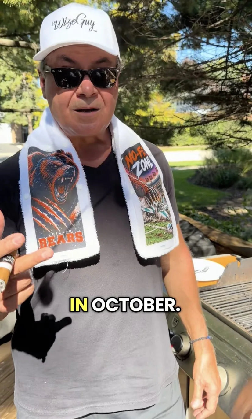 Man wearing a Skin Towel with Chicago Skins at a backyard grill