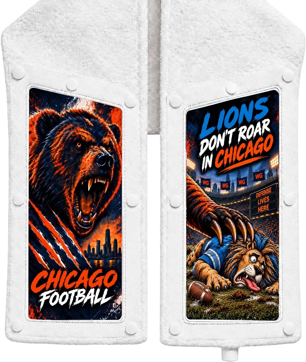 Chicago vs Detroit (Lions Don't Roar) Skins: the roaring bear with CHICAGO FOOTBALL on one end and LIONS DON’T ROAR IN CHICAGO on the other