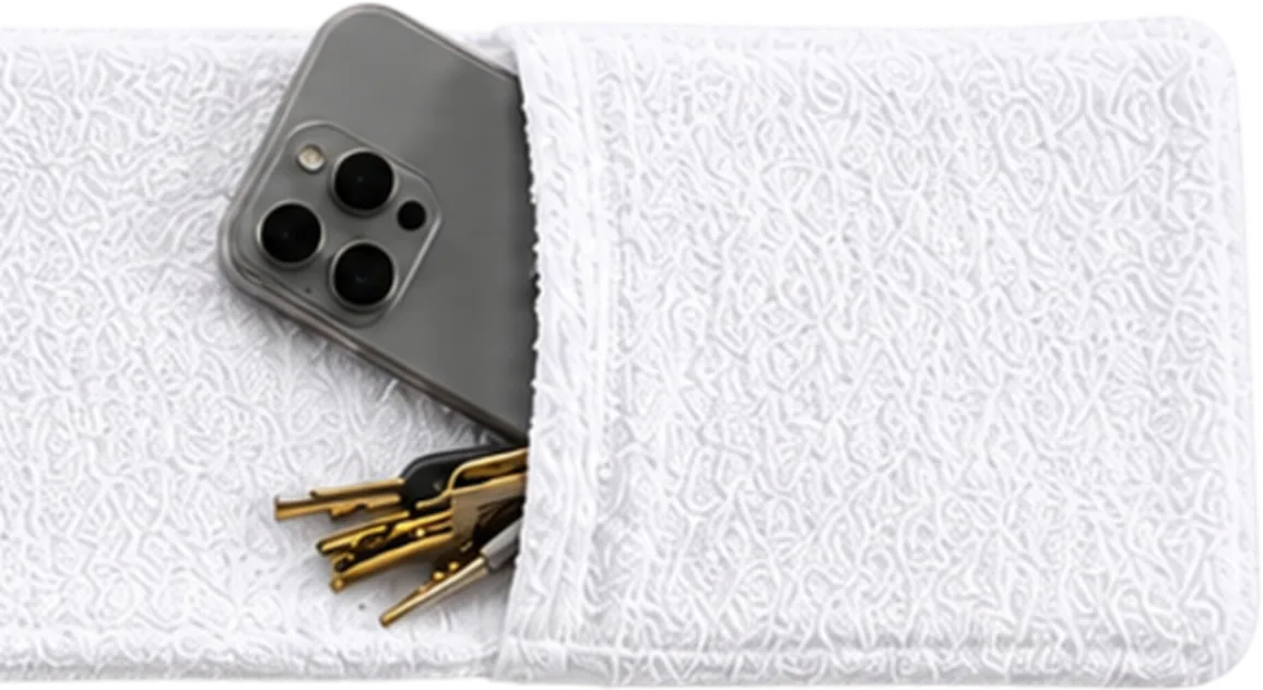 A phone and keys sliding into the pocket at the right end of the towel